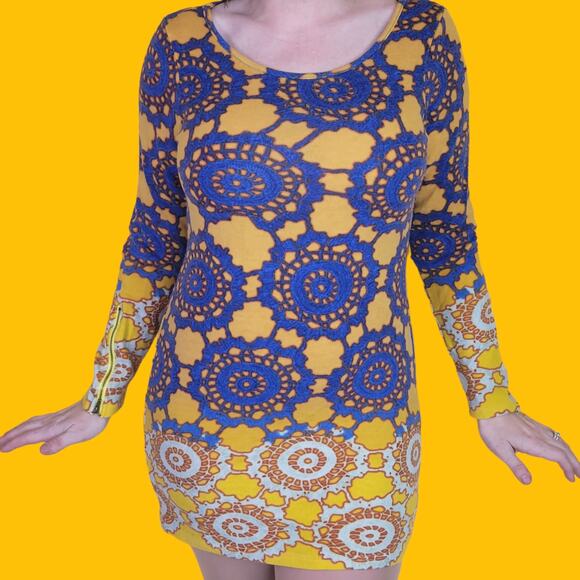 Aryeh Blue and Yellow Long Sleeve Mini Sweater Dress - Picture 1 of 5